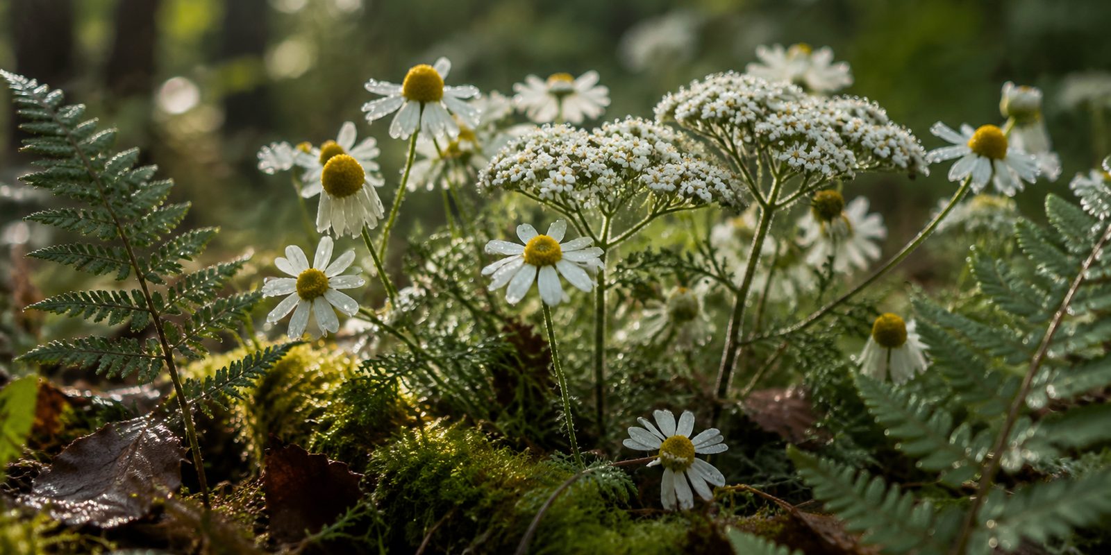 Kamille und Wildkräuter auf dem Waldboden im weichen Licht