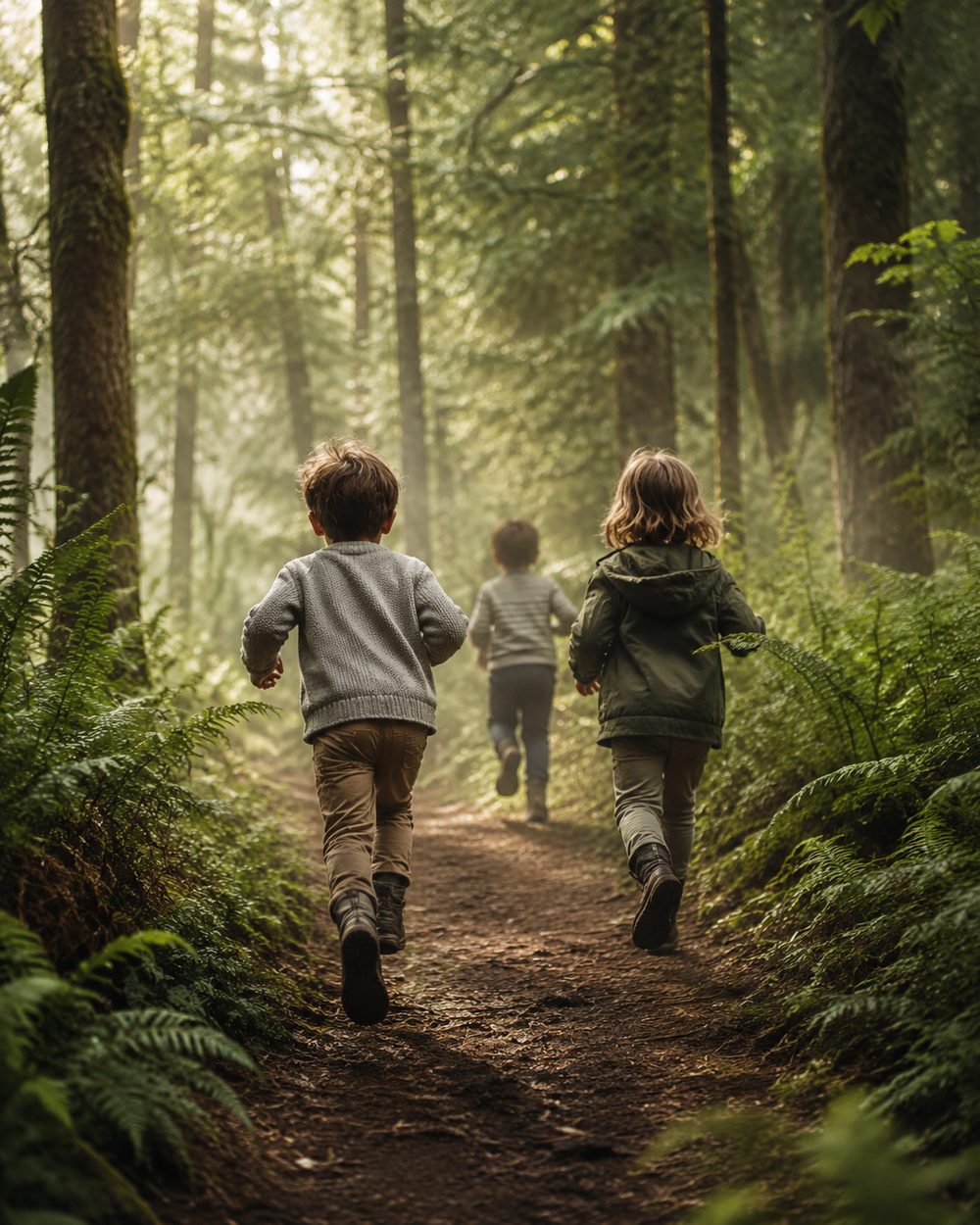 Kinder laufen über einen Waldweg und entdecken die Natur