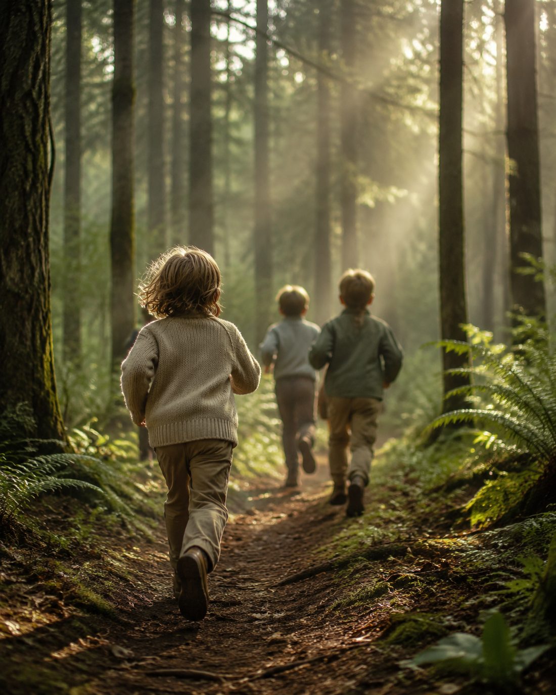 Kinder rennen fröhlich durch einen sonnigen Wald