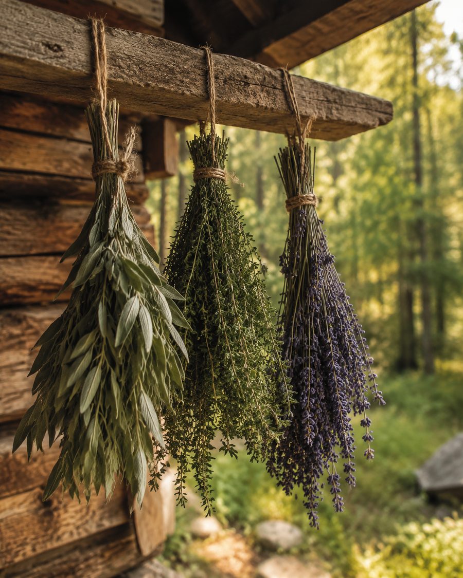 Kräutersträuße hängen an einer Holzwand zum Trocknen