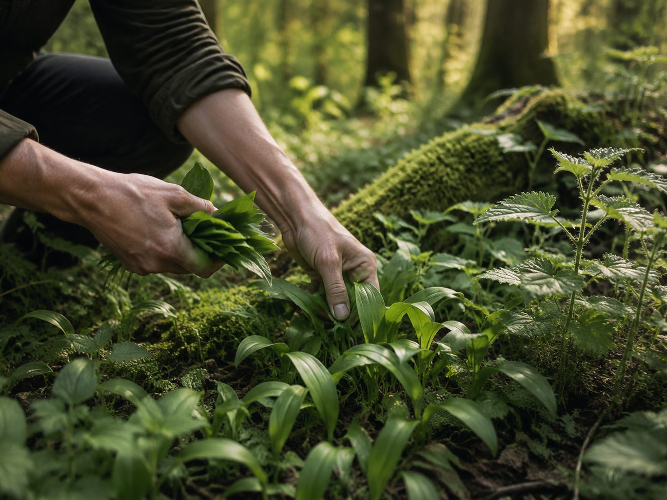 Hände ernten frische Wildkräuter im Wald